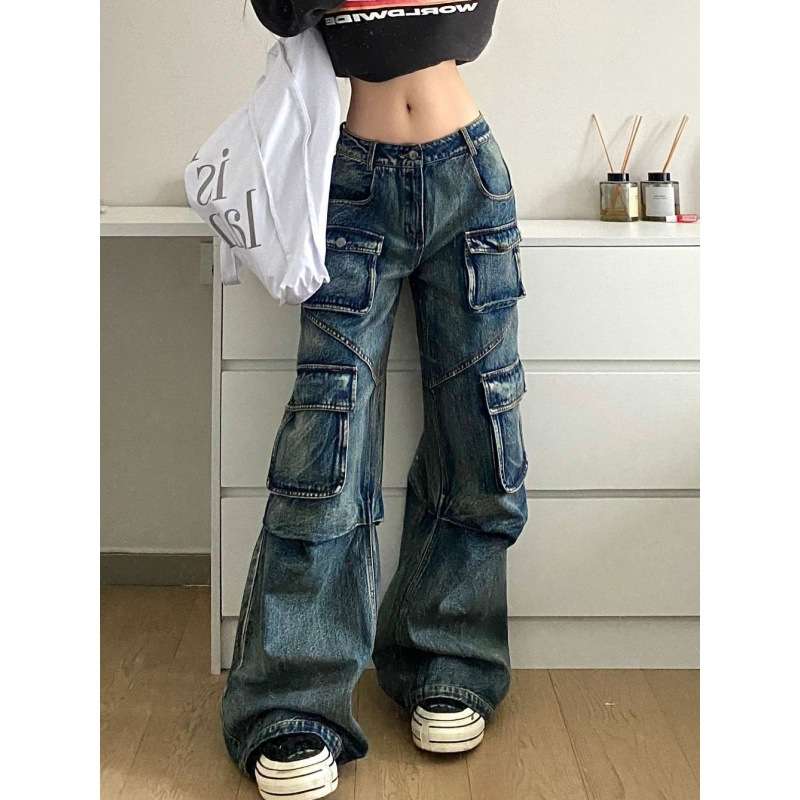 Y2Kファッション マルチポケット広がりデニムパンツ