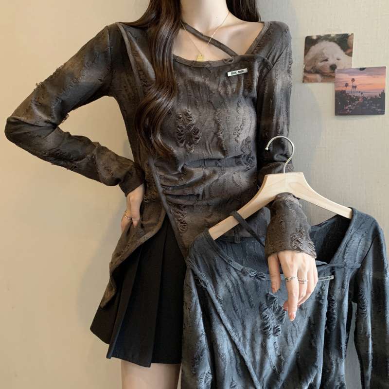 Y2Kファッション ダメージ加工レイヤードトップス