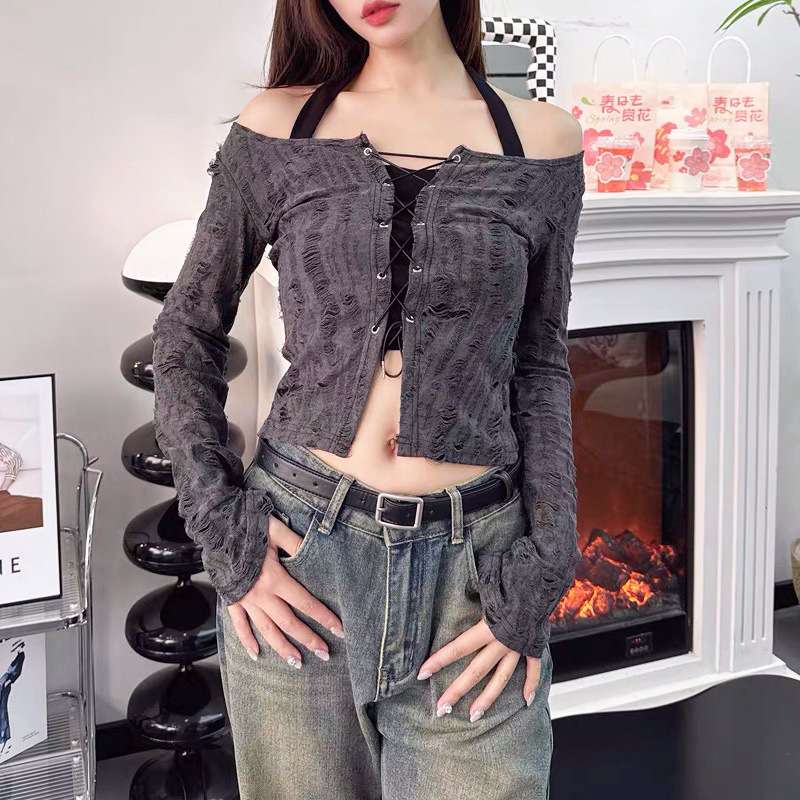Y2Kファッション レースアップロングスリーブショート丈カーディガン