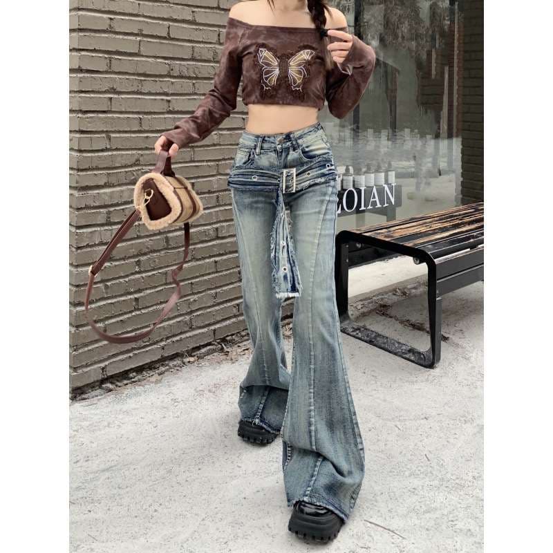 Y2Kファッション 蝶々デニムフレアパンツ