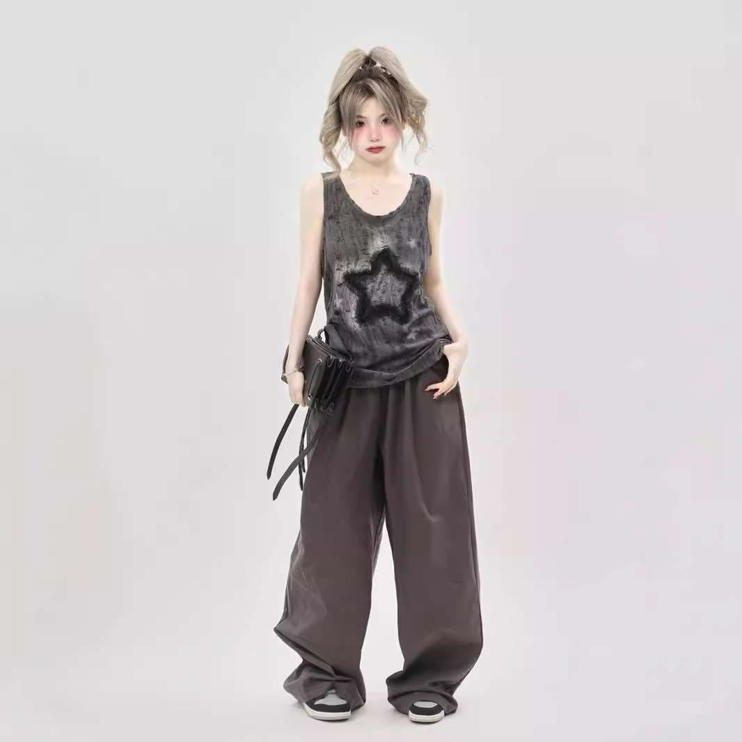 Y2Kファッション スター柄メッシュタンクトップ