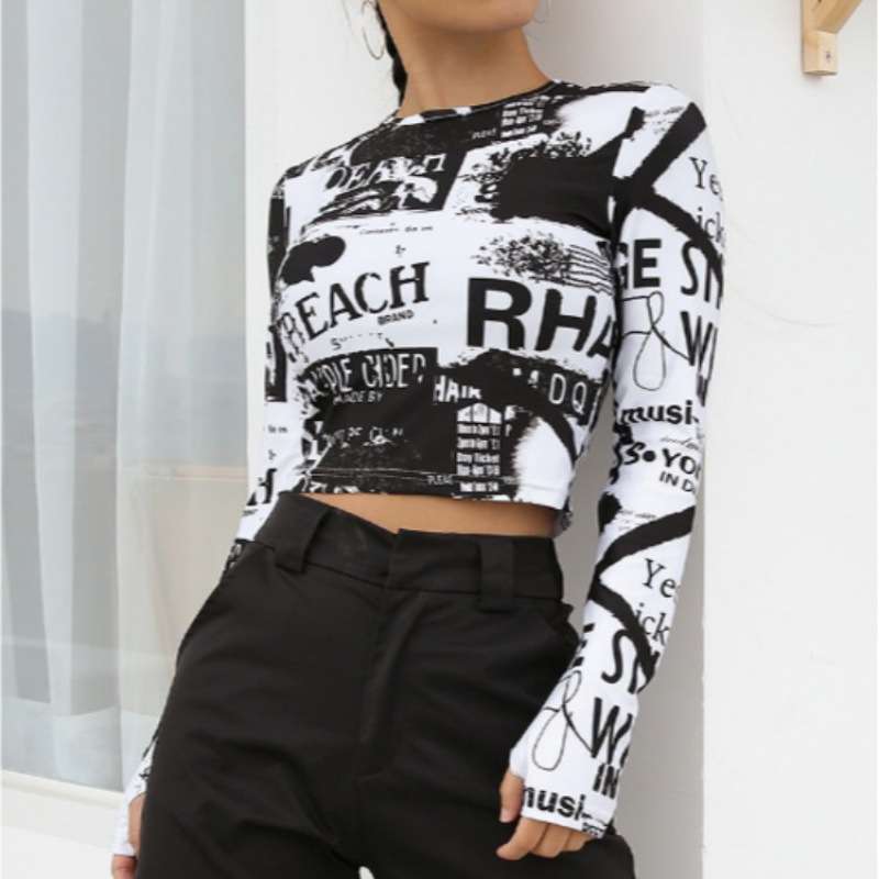 Y2Kファッション グラフィティ柄クロップド長袖カットソー