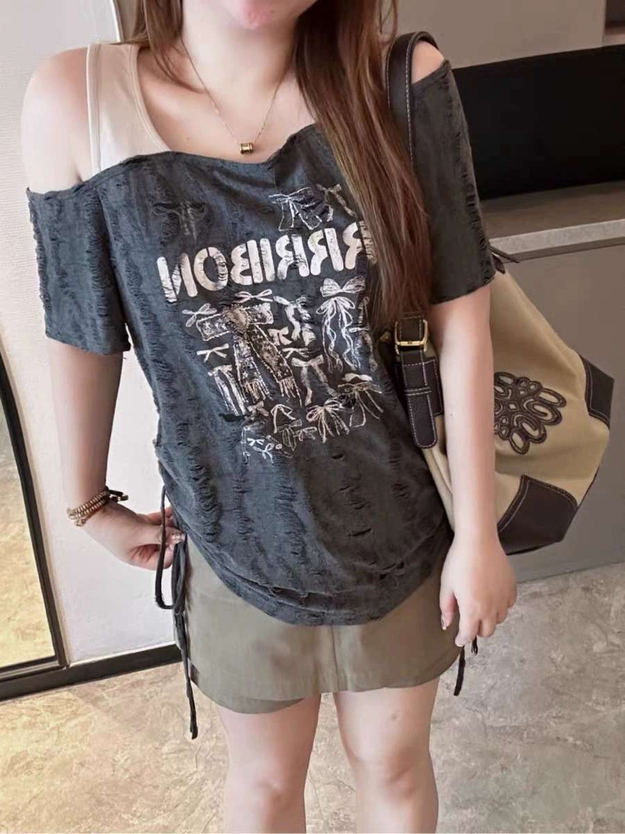 Y2Kファッション ダメージ加工オフショルダーTシャツ