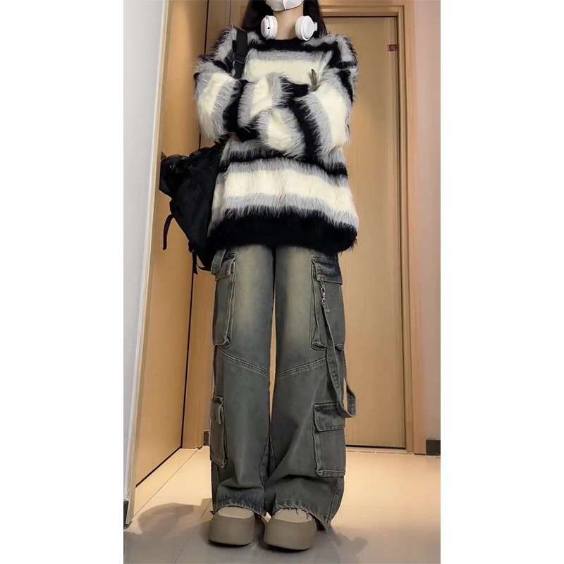 Y2Kファッション カーゴポケット付きデニムパンツ