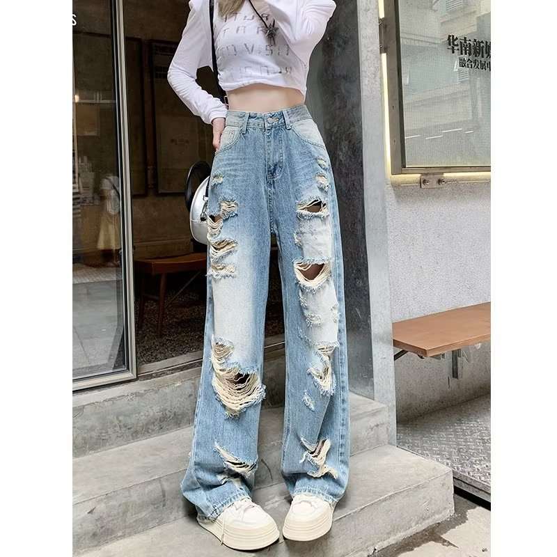 Y2Kファッション ダメージデニムワイドパンツ