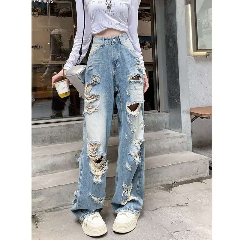 Y2Kファッション ダメージデニムワイドパンツ