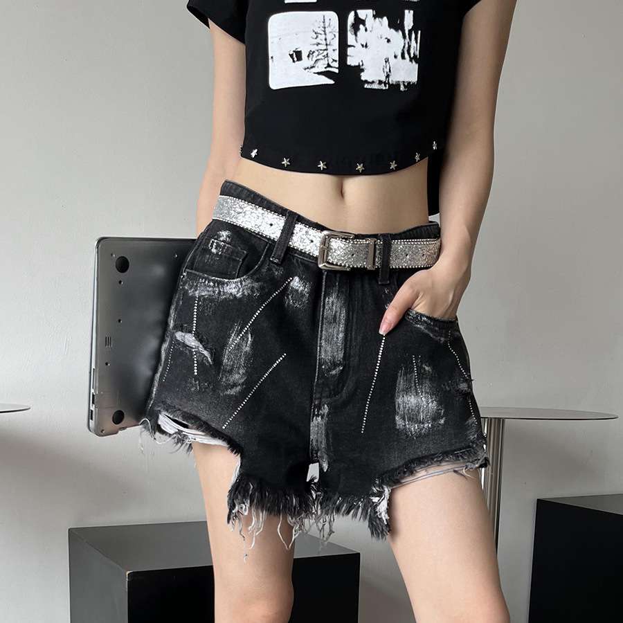 Y2Kファッション フリンジ付きダメージデニムショートパンツ