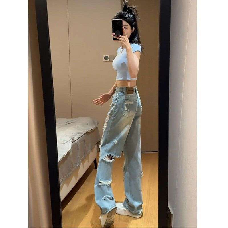 Y2Kファッション ダメージ加工ワイドデニムパンツ