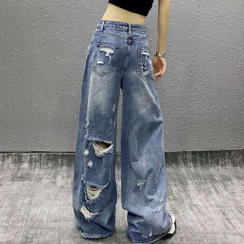 Y2Kファッション ダメージ加工ワイドデニムパンツ