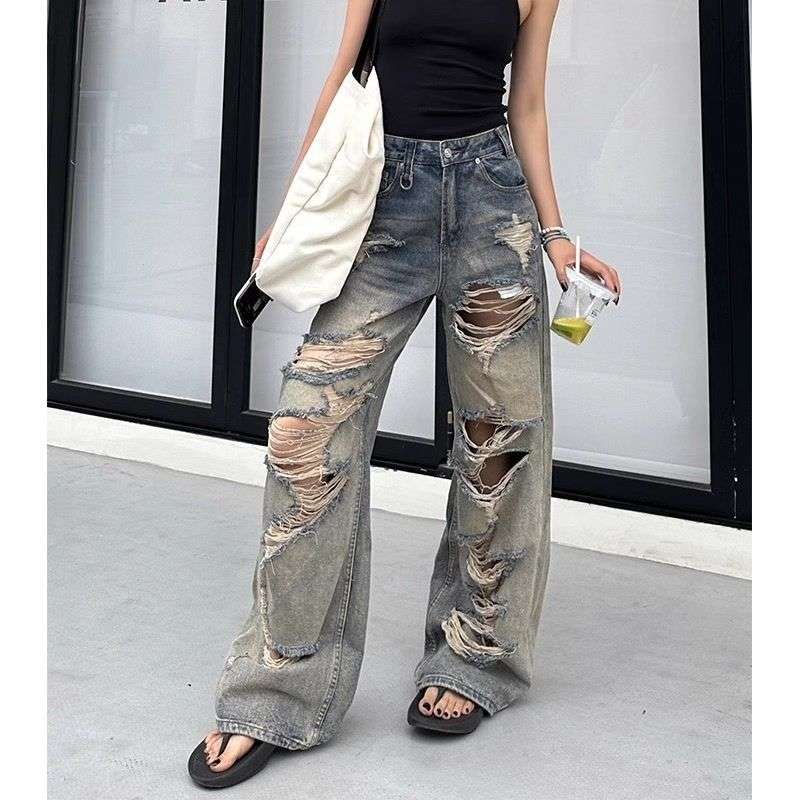 Y2Kファッション ダメージデニムワイドパンツ
