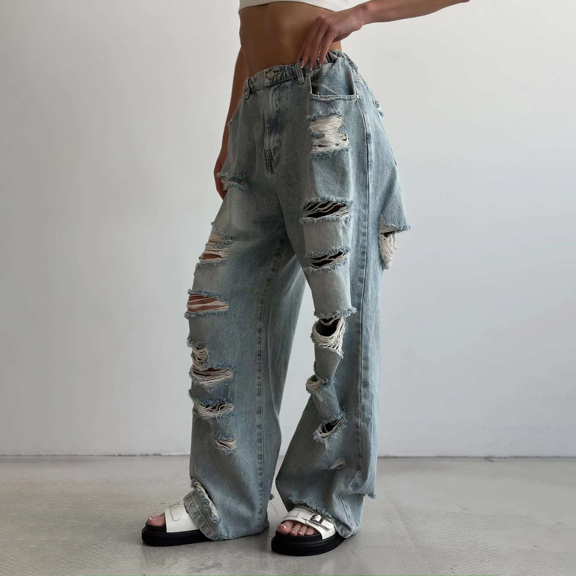 Y2Kファッション ダメージ加工ワイドデニムパンツ