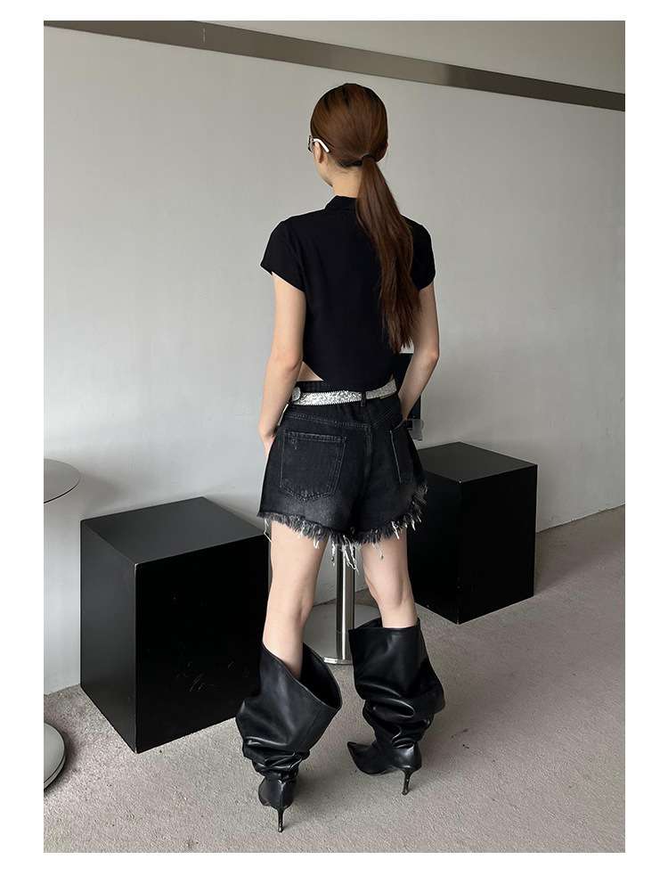 Y2Kファッション フリンジ付きダメージデニムショートパンツ