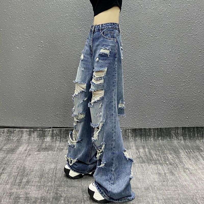 Y2Kファッション ダメージ加工ワイドデニムパンツ