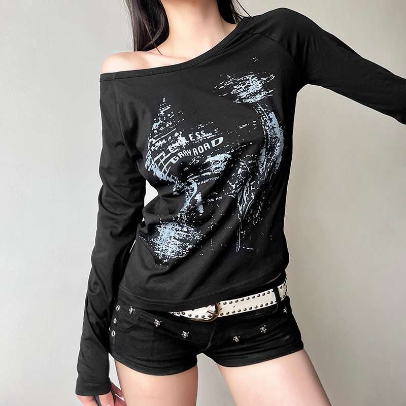 Y2Kファッション オフショルダーグラフィックロンT