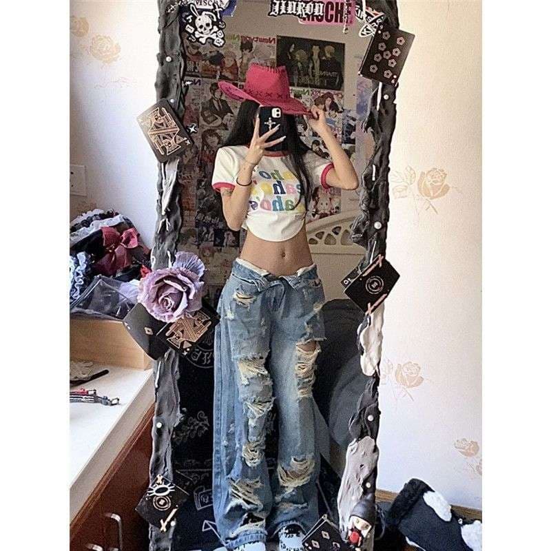 Y2Kファッション ボロボロデニムパンツ