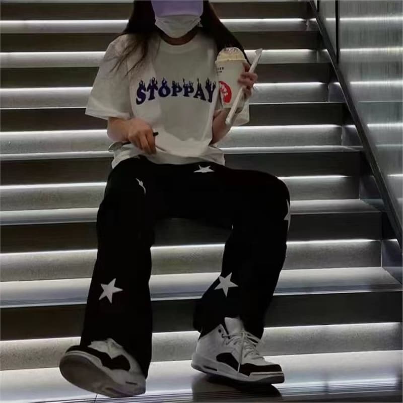Y2Kファッション 星柄ワイドストレートパンツ