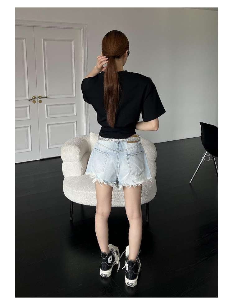 Y2Kファッション フリンジ付きダメージデニムショートパンツ