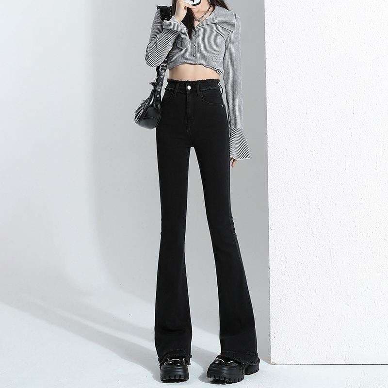 Y2Kファッション フレア裾フリンジデニムパンツ