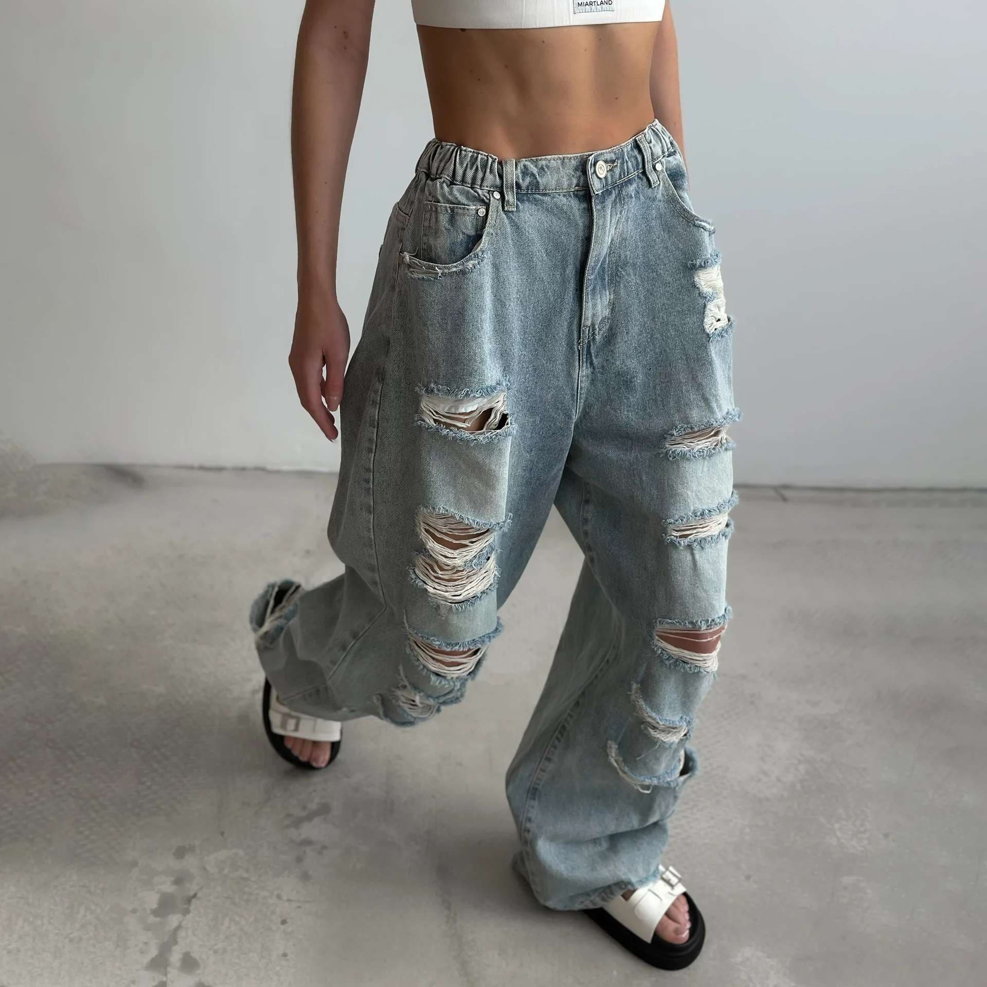 Y2Kファッション ダメージ加工ワイドデニムパンツ
