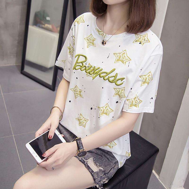 Y2Kファッション スター柄ロゴプリントゆるシルエット半袖Ｔシャツ