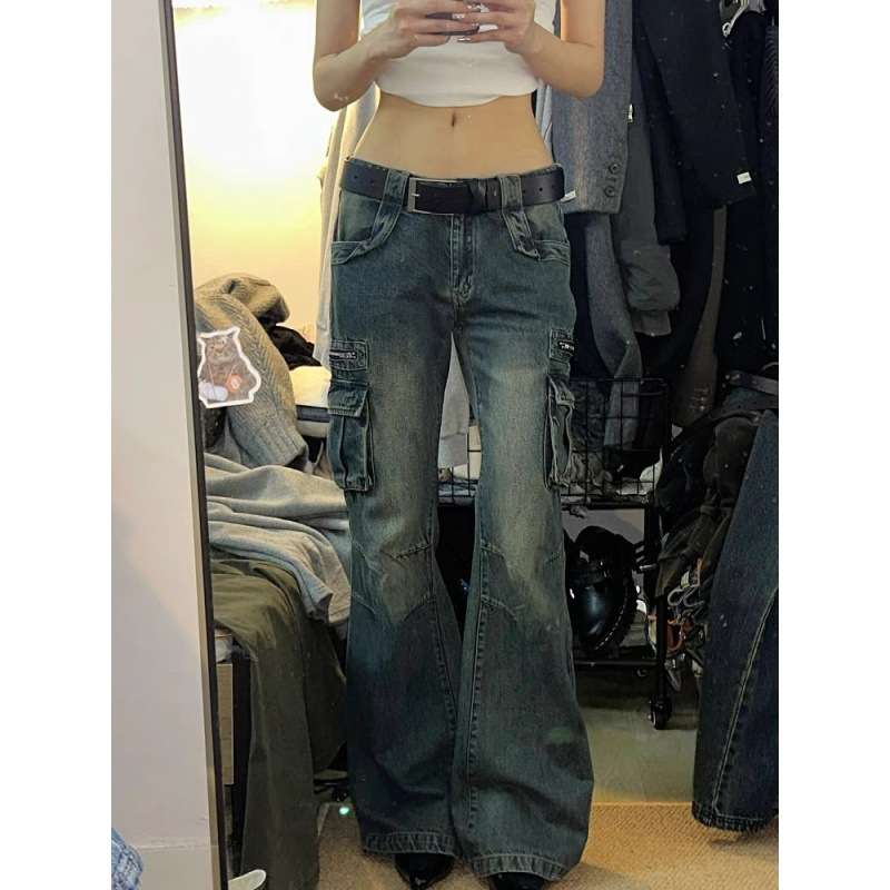 Y2Kファッション カーゴフレアデニムパンツ