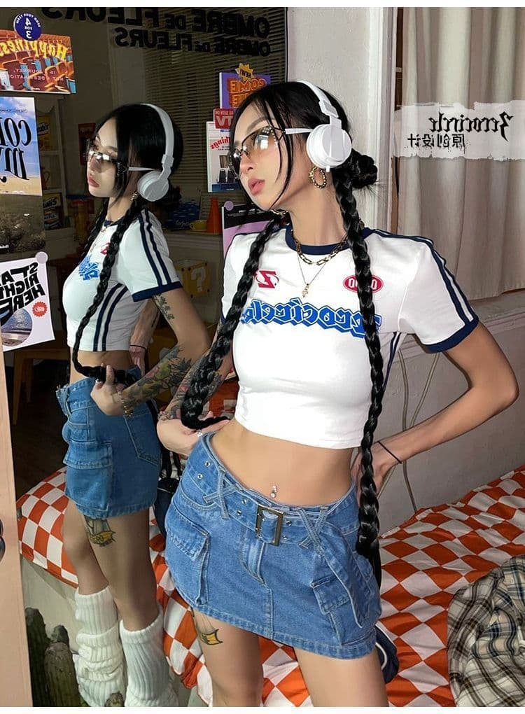Y2Kファッション レトロスポーティーショート丈半袖トップス