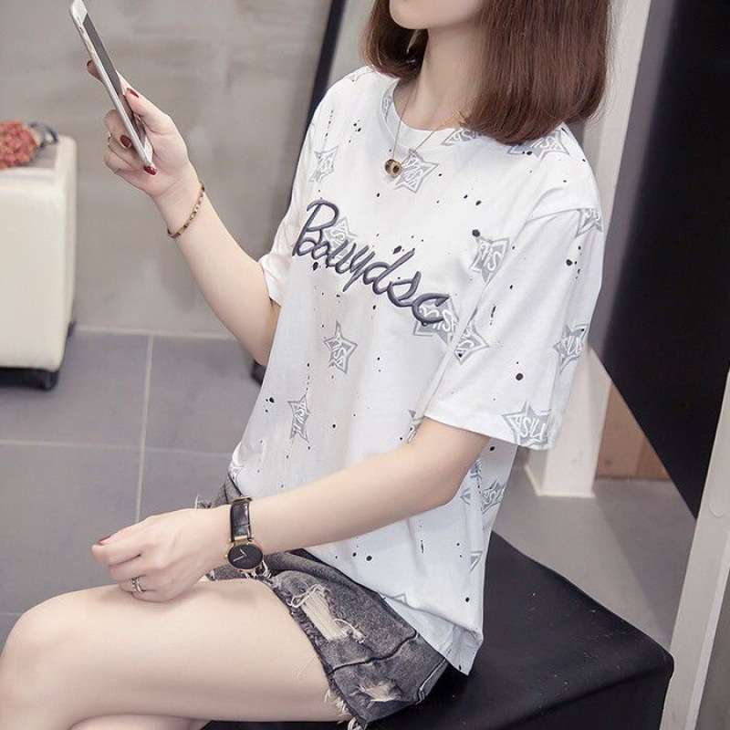 Y2Kファッション スター柄ロゴプリントゆるシルエット半袖Ｔシャツ