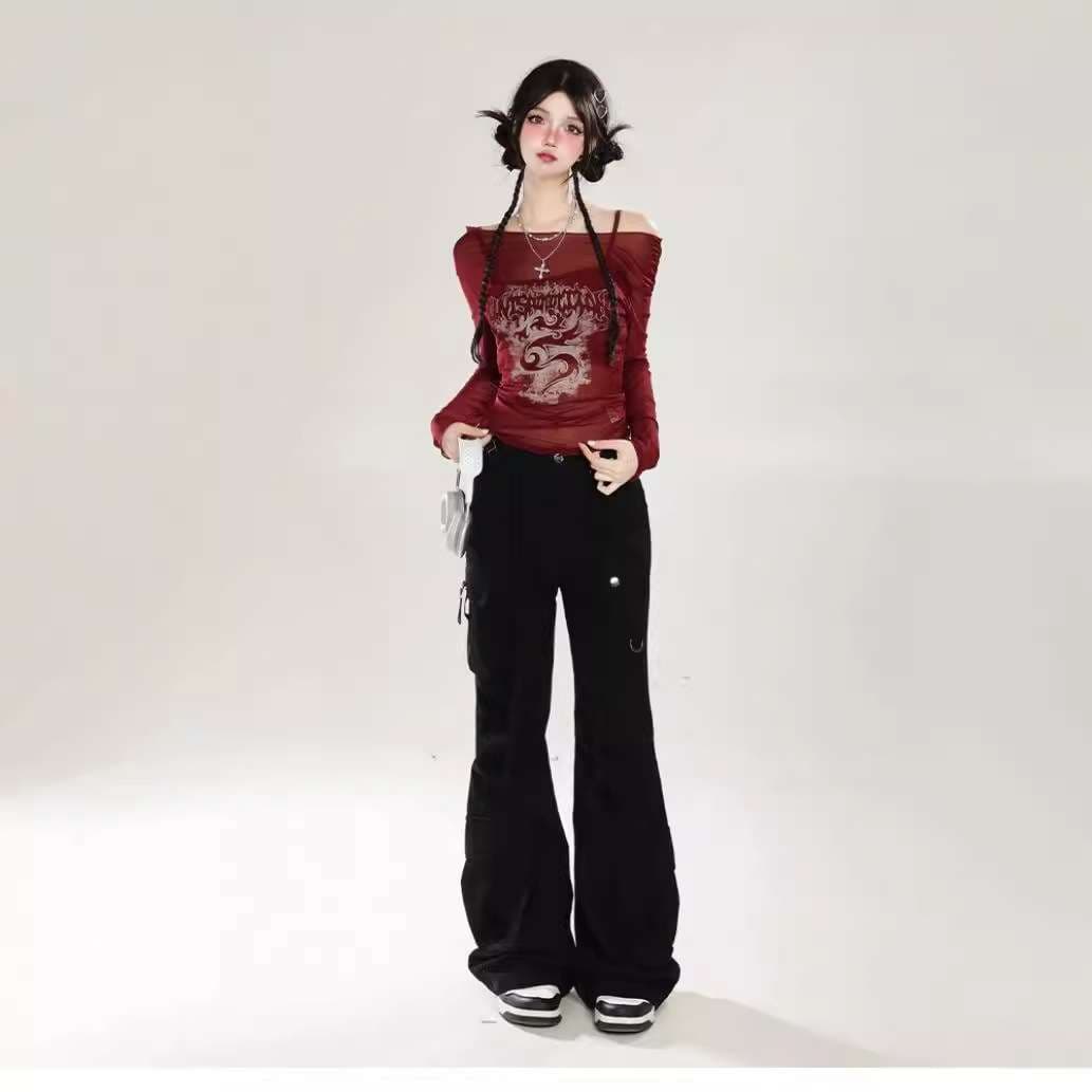 Y2Kファッション オフショルダー風ドラゴン柄長袖シャツ
