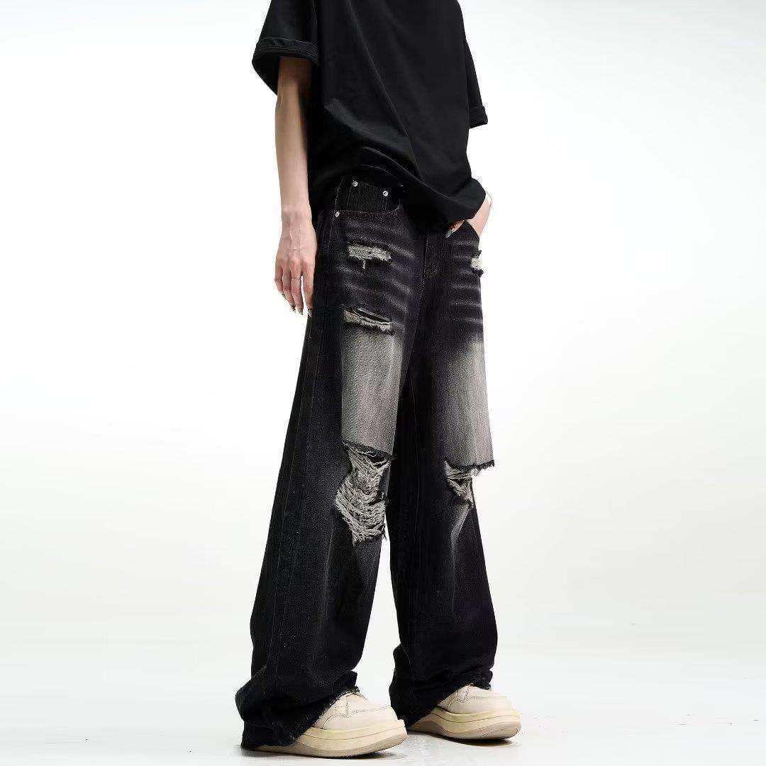 Y2Kファッション ダメージ加工ワイドデニムパンツ