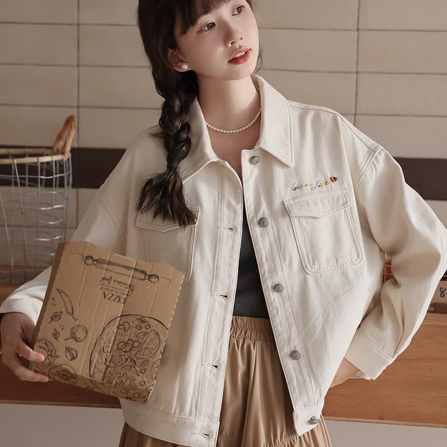 Y2Kファッション ゆるシルエット刺繍入りデニムジャケット