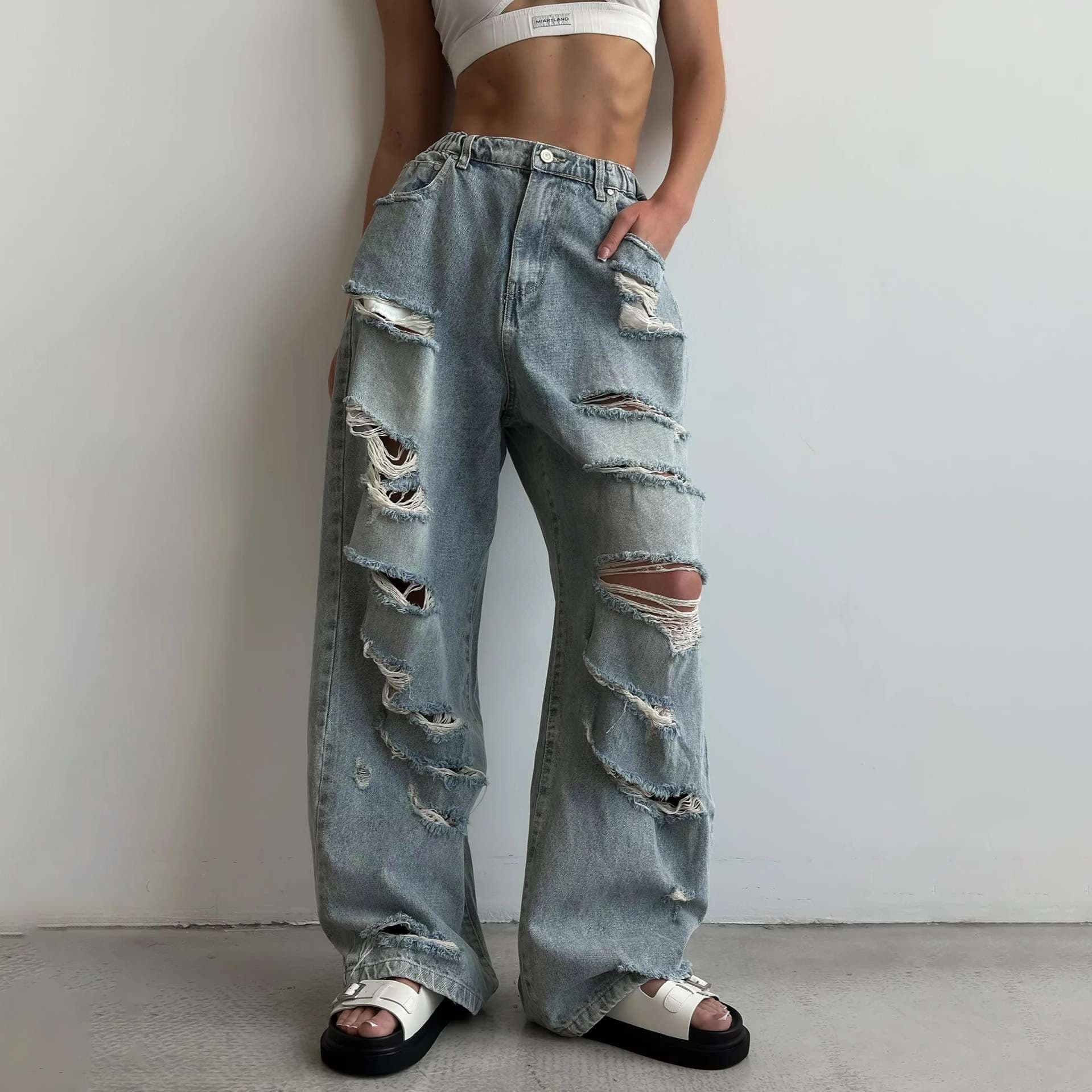 Y2Kファッション ダメージ加工ワイドデニムパンツ