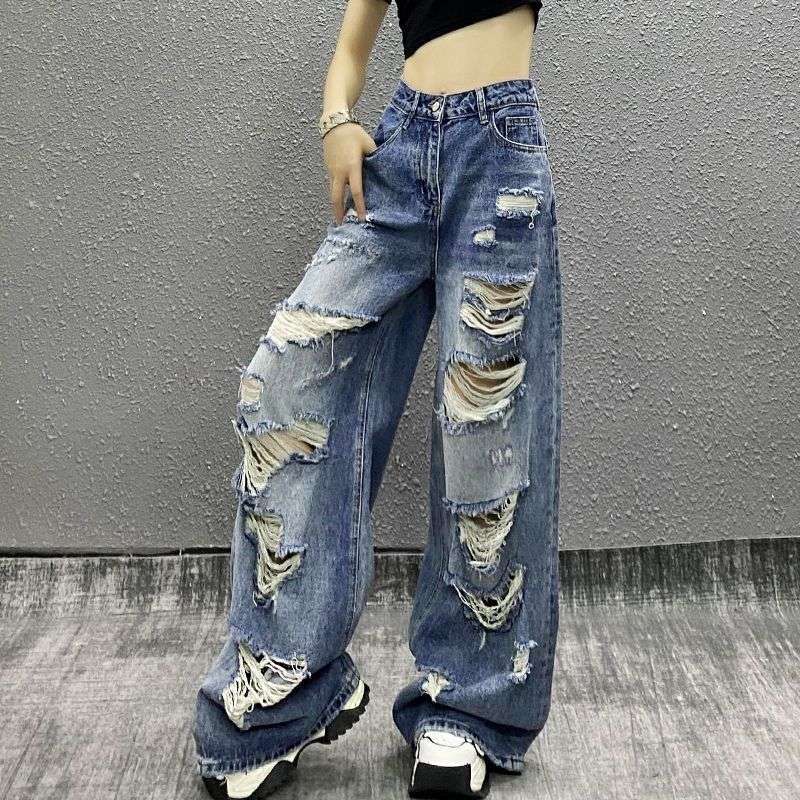 Y2Kファッション ダメージ加工ワイドデニムパンツ