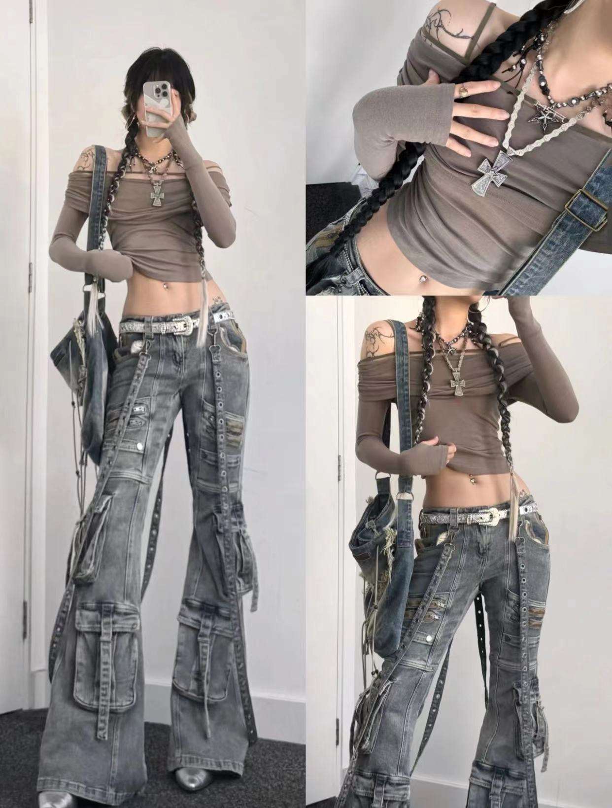 Y2Kファッション 多段カーゴフレアパンツ