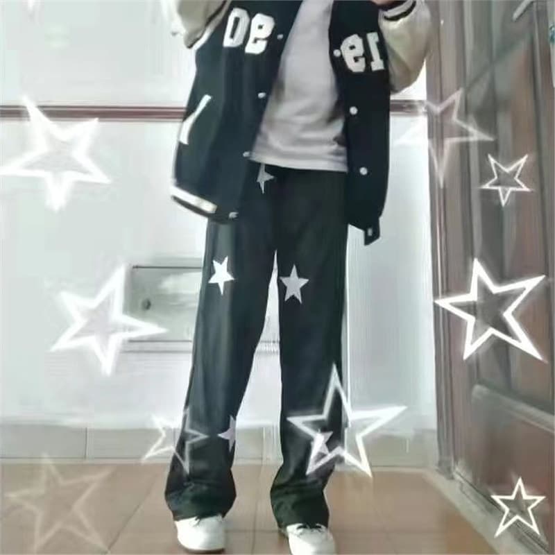 Y2Kファッション 星柄ワイドストレートパンツ