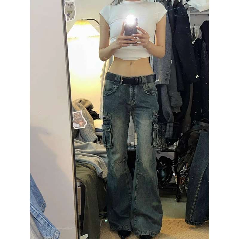 Y2Kファッション カーゴフレアデニムパンツ