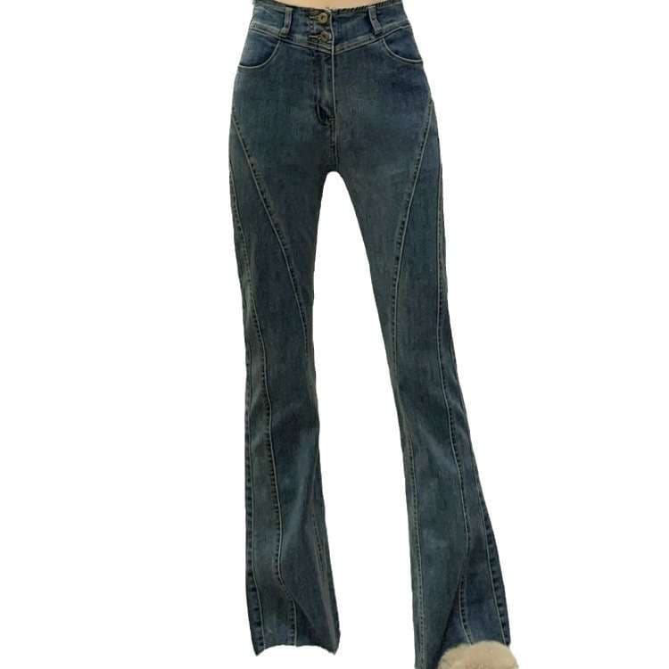 Y2Kファッション 細身ベルボトムデニムパンツ
