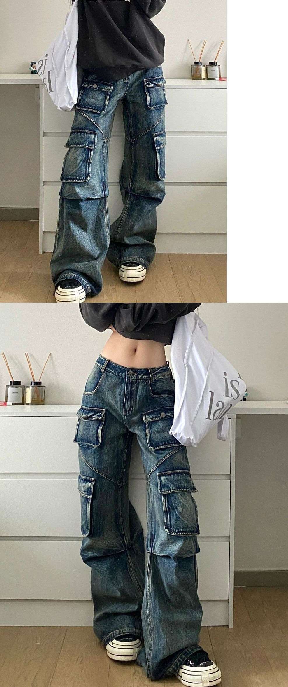 Y2Kファッション マルチポケット広がりデニムパンツ