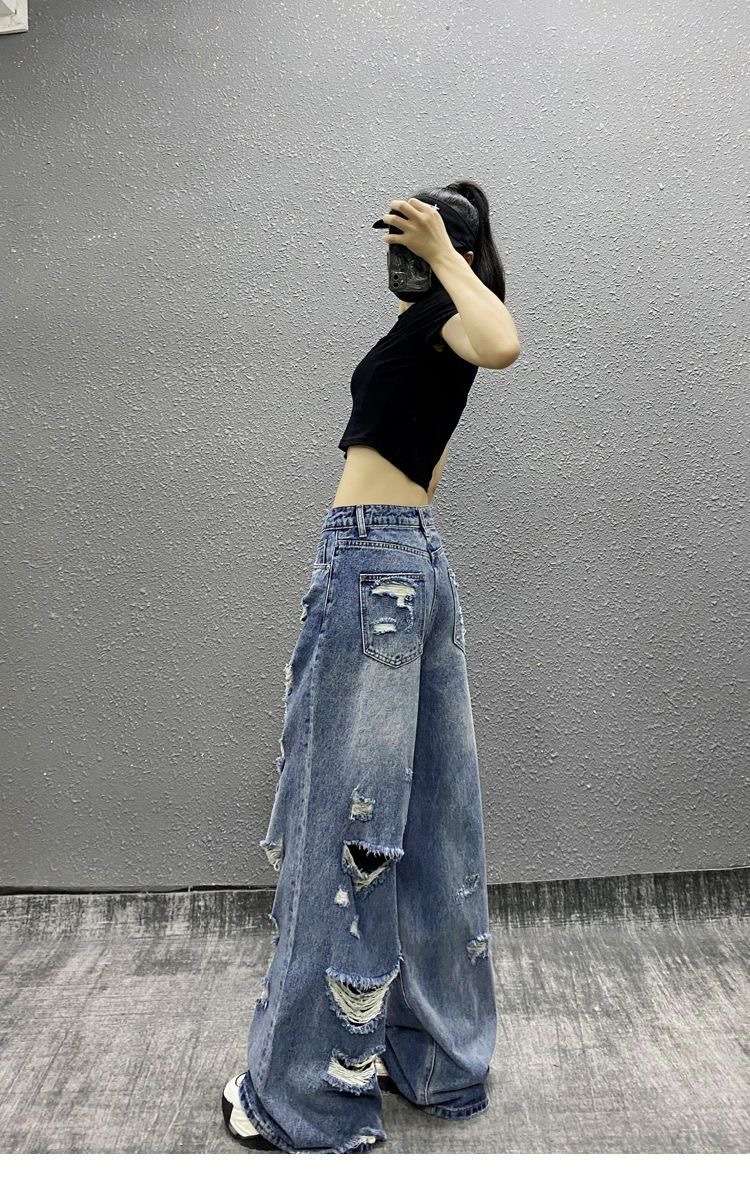 Y2Kファッション ダメージ加工ワイドデニムパンツ