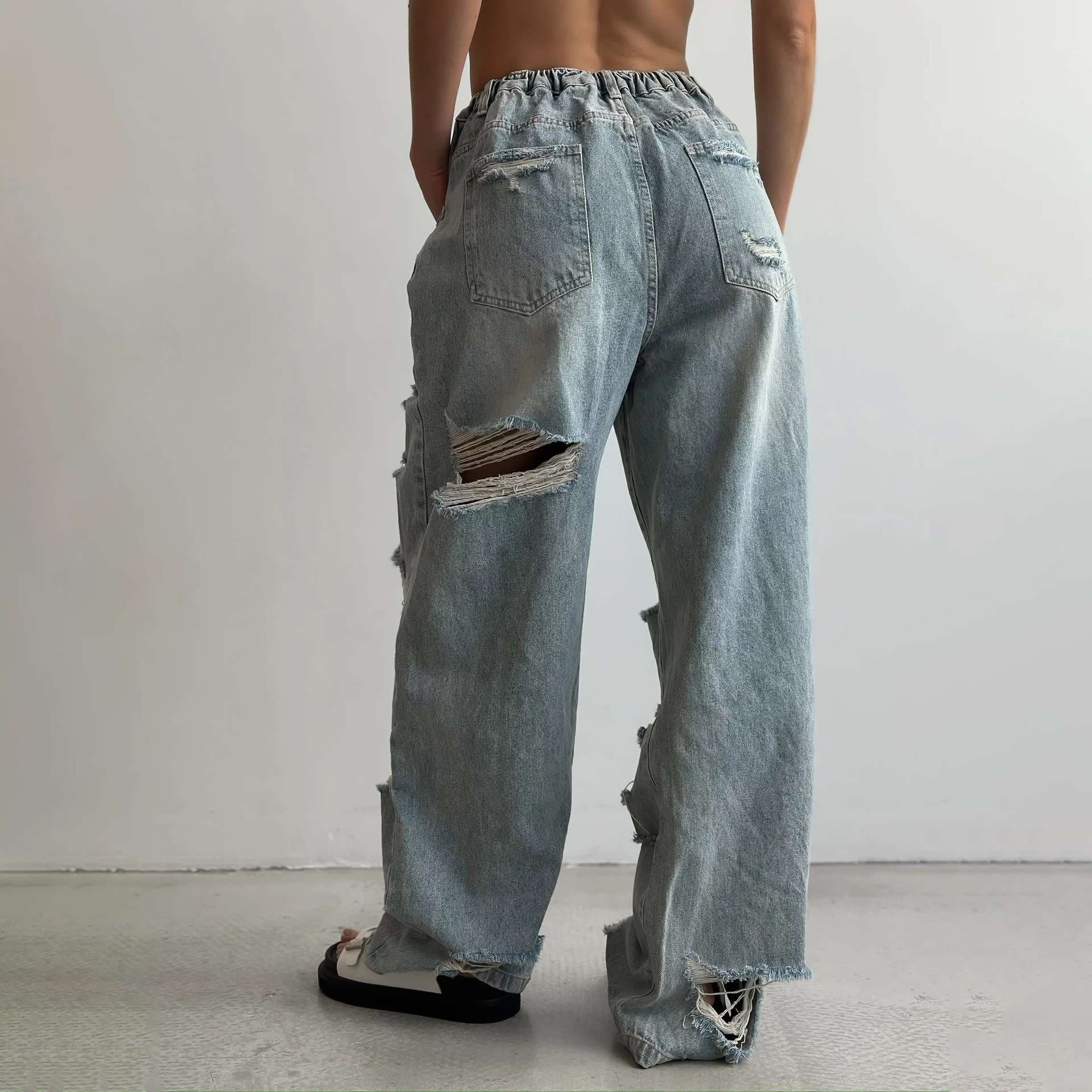 Y2Kファッション ダメージ加工ワイドデニムパンツ