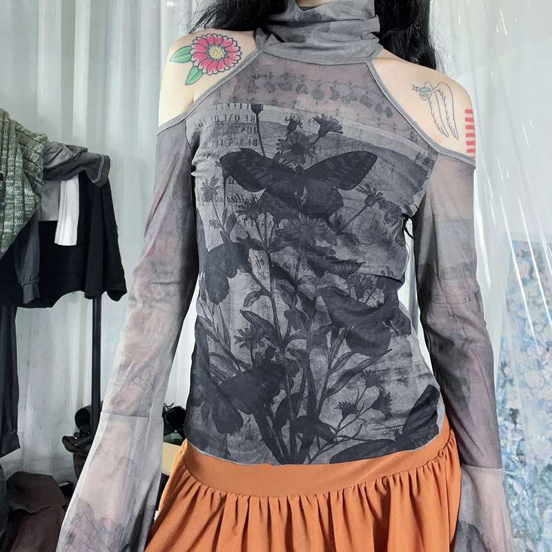 Y2Kファッション 蝶と花柄メッシュスリーブカットソー