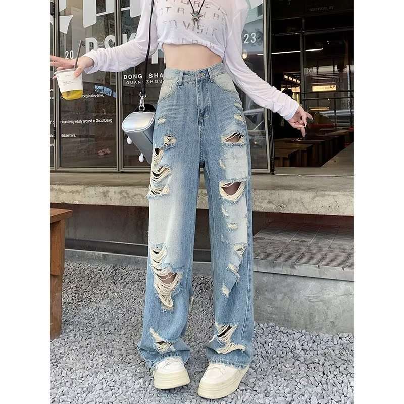 Y2Kファッション ダメージデニムワイドパンツ
