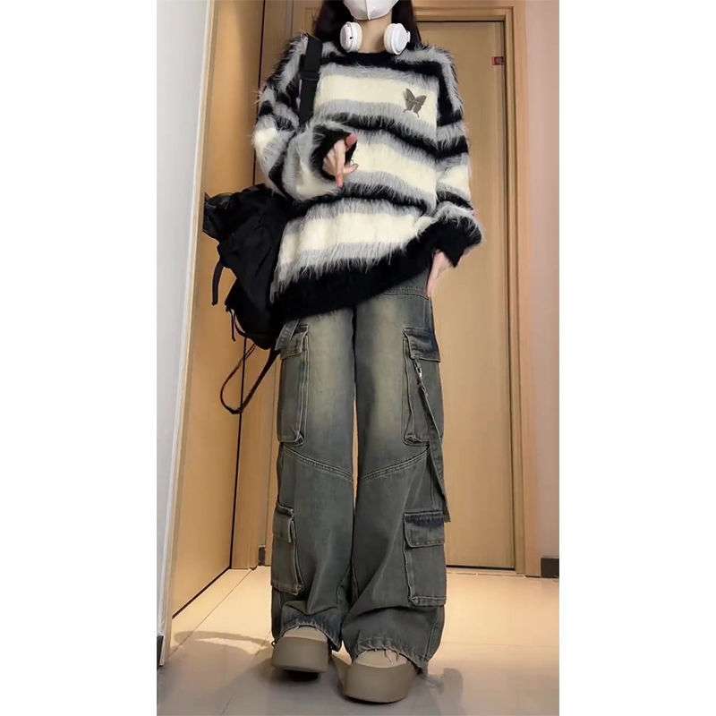 Y2Kファッション カーゴポケット付きデニムパンツ