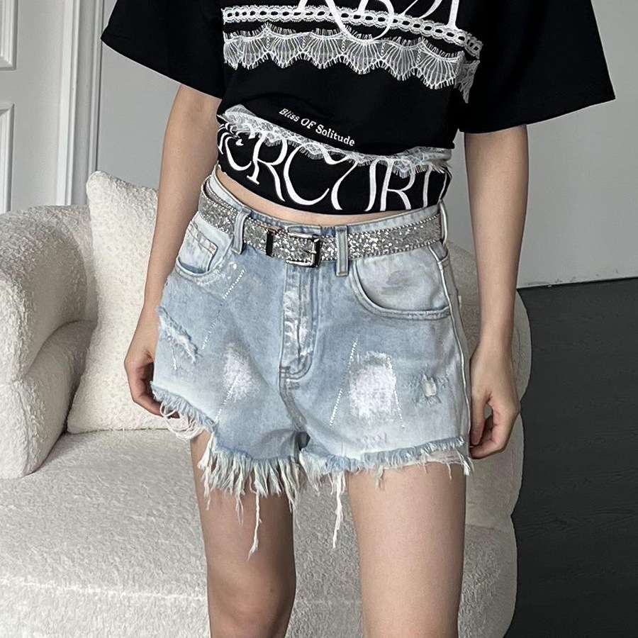 Y2Kファッション フリンジ付きダメージデニムショートパンツ