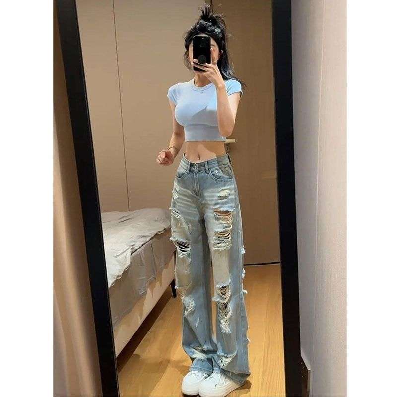 Y2Kファッション ダメージ加工ワイドデニムパンツ