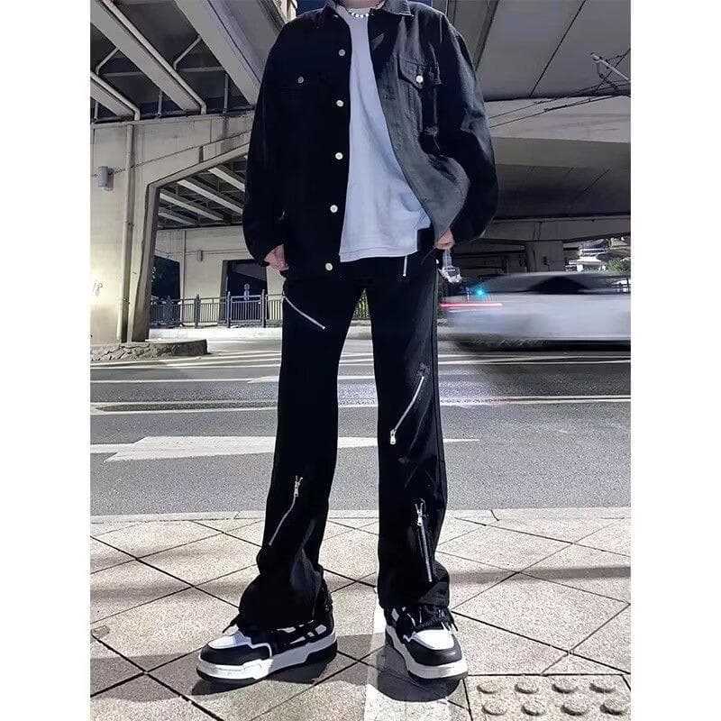Y2Kファッション ジッパーフレアデニムパンツ