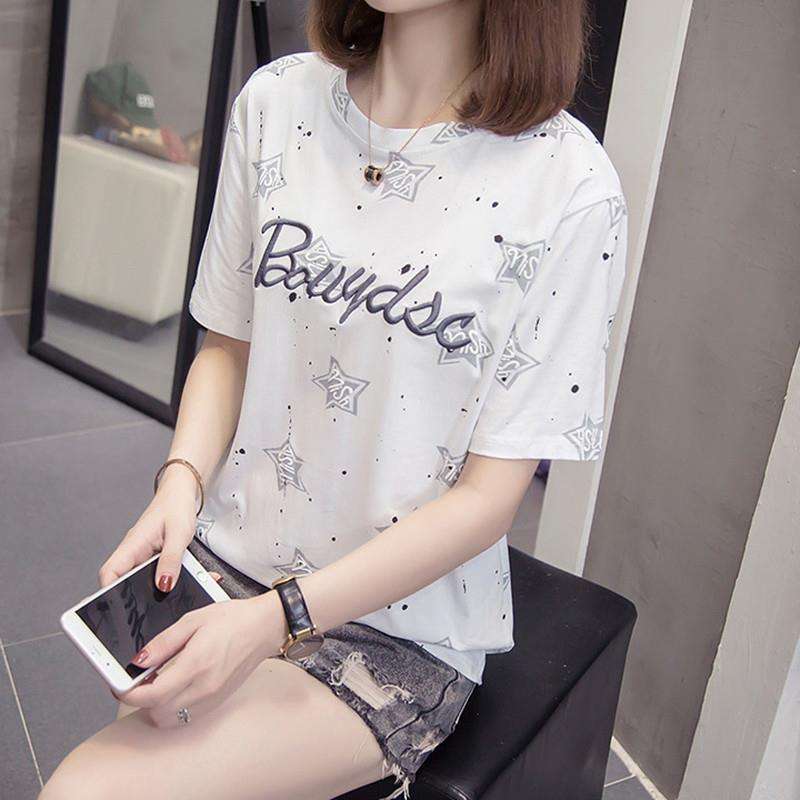 Y2Kファッション スター柄ロゴプリントゆるシルエット半袖Ｔシャツ