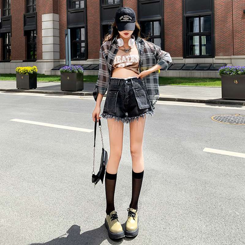 Y2Kファッション ダメージ加工デニムミニショーツ