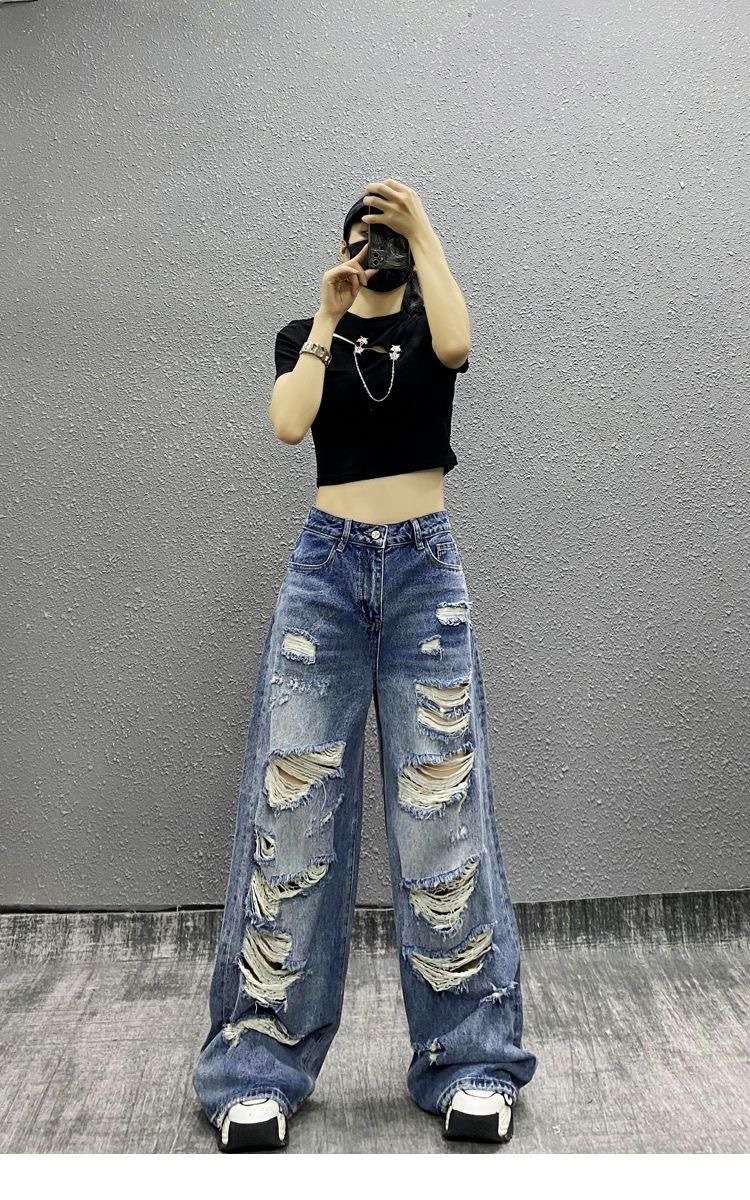 Y2Kファッション ダメージ加工ワイドデニムパンツ
