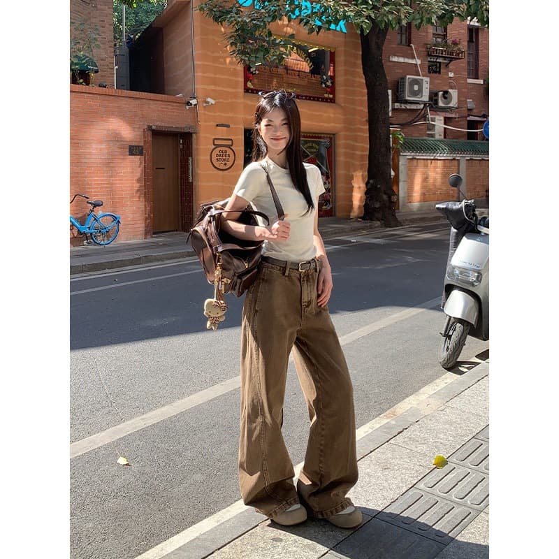 Y2Kファッション ハイウエストワイドレッグデニムパンツ