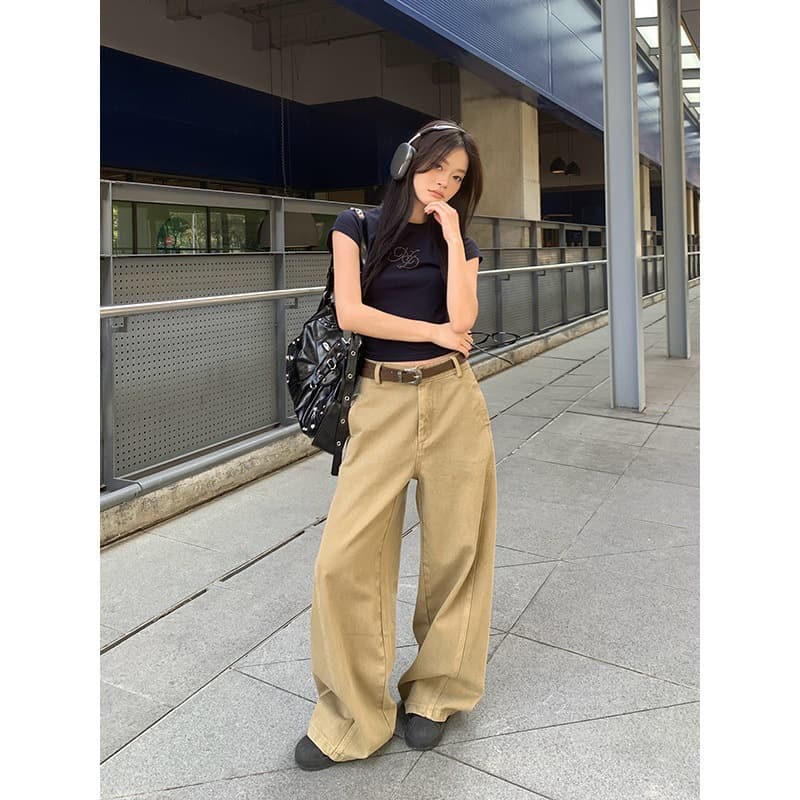 Y2Kファッション ハイウエストワイドレッグデニムパンツ